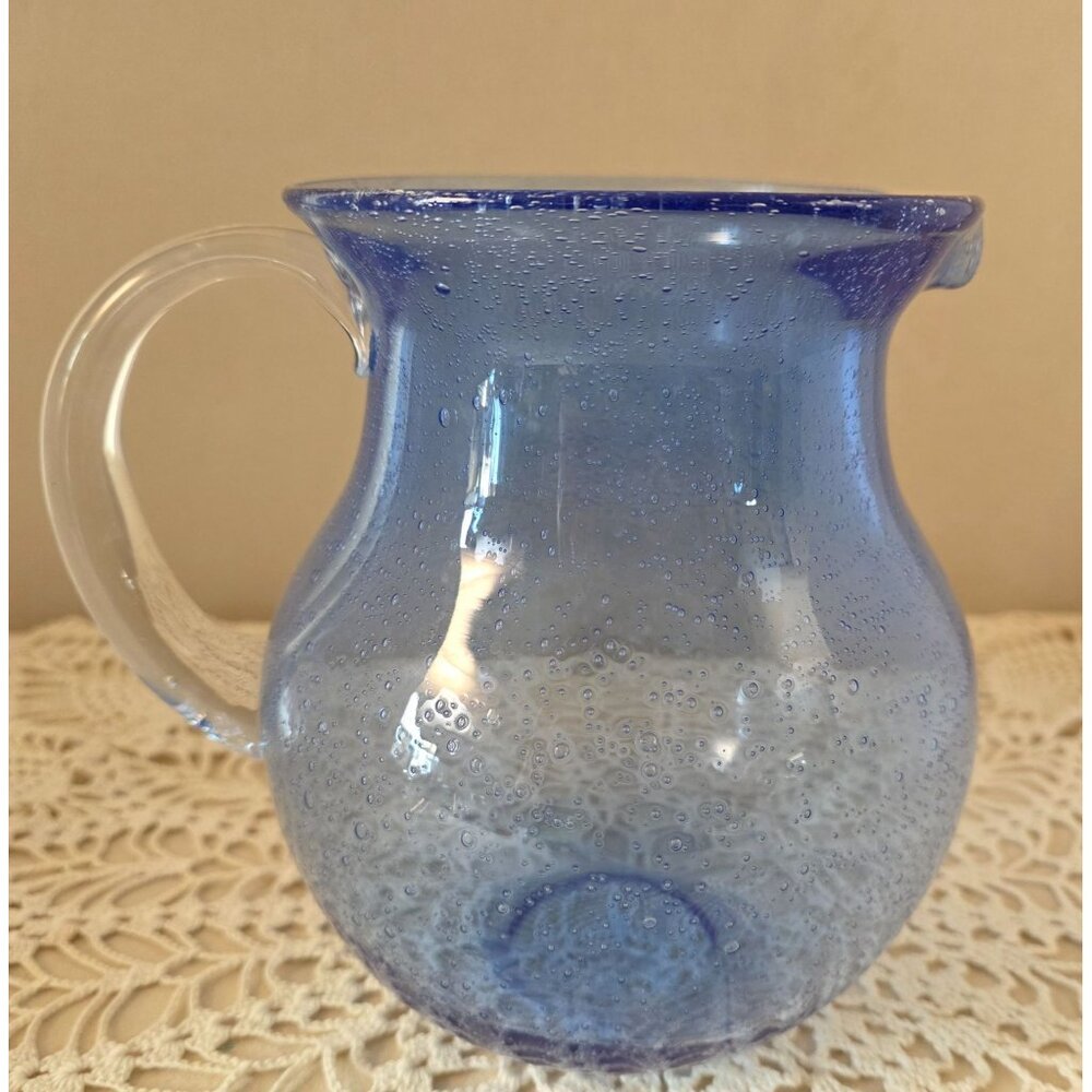 Vintage Cobalt Handblown Bubble Glass Pitcher With Clear Applied Handle - Picture 2 of 16